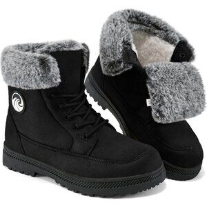 Women’s Black Warm Fur Lined Ankle Booties Lace Up Slip-On Outdoor Boots